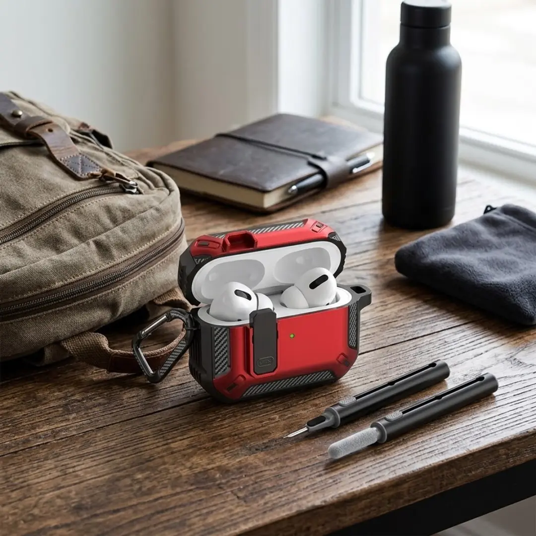 NUVEX Hoesje AirPods Pro 2 Rood - Carbon Look - Met Schoonmaakset & Karabijnhaak