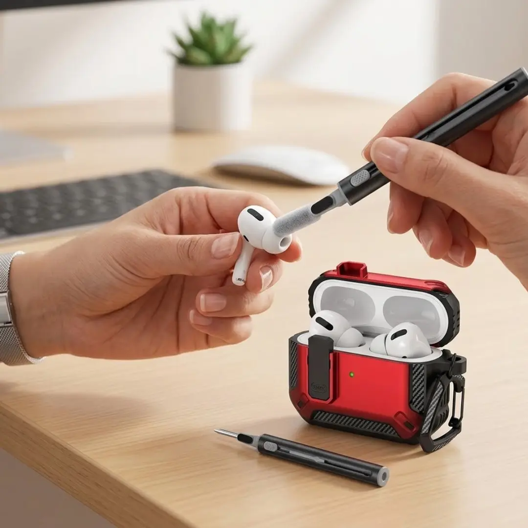 NUVEX Hoesje AirPods Pro 2 Rood - Carbon Look - Met Schoonmaakset & Karabijnhaak