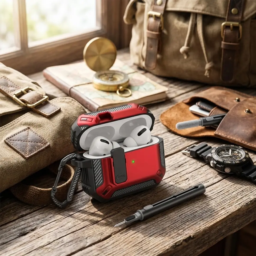NUVEX Hoesje AirPods Pro 2 Rood - Carbon Look - Met Schoonmaakset & Karabijnhaak