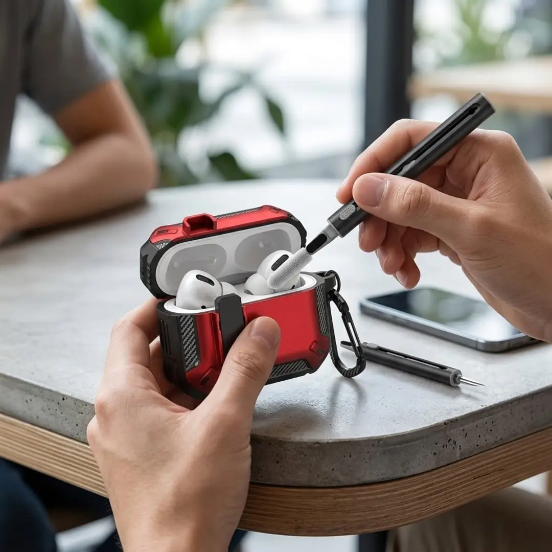 NUVEX Hoesje AirPods Pro 2 Rood - Carbon Look - Met Schoonmaakset & Karabijnhaak
