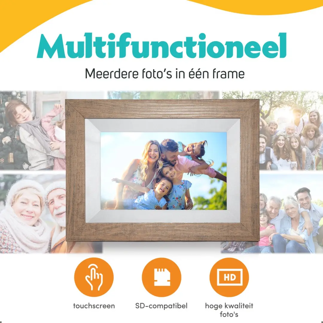 Pora&Co Digitale Fotolijst 8 inch - HD IPS Touchscreen - Lichtbruin/Wit