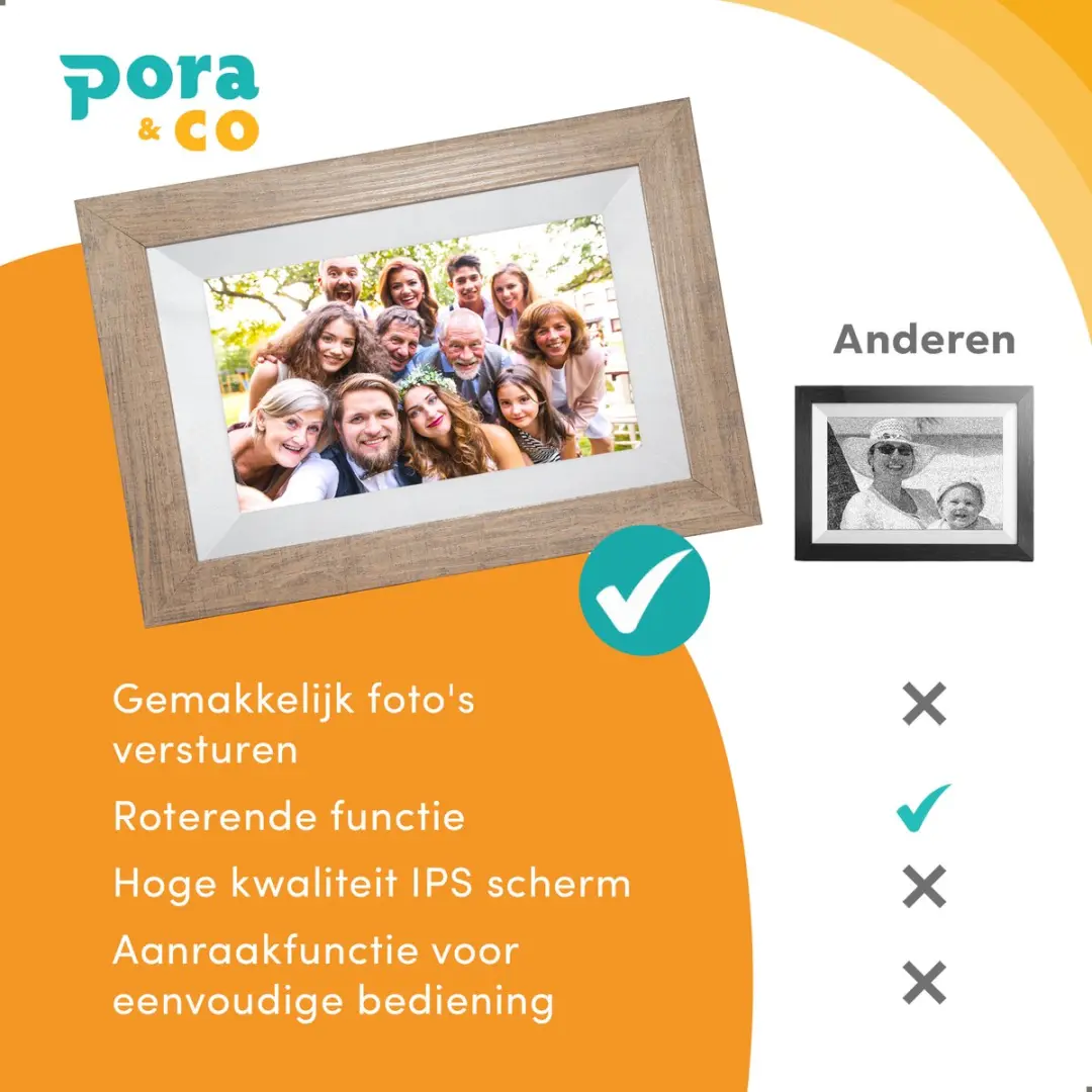 Pora&Co Digitale Fotolijst 8 inch - HD IPS Touchscreen - Lichtbruin/Wit