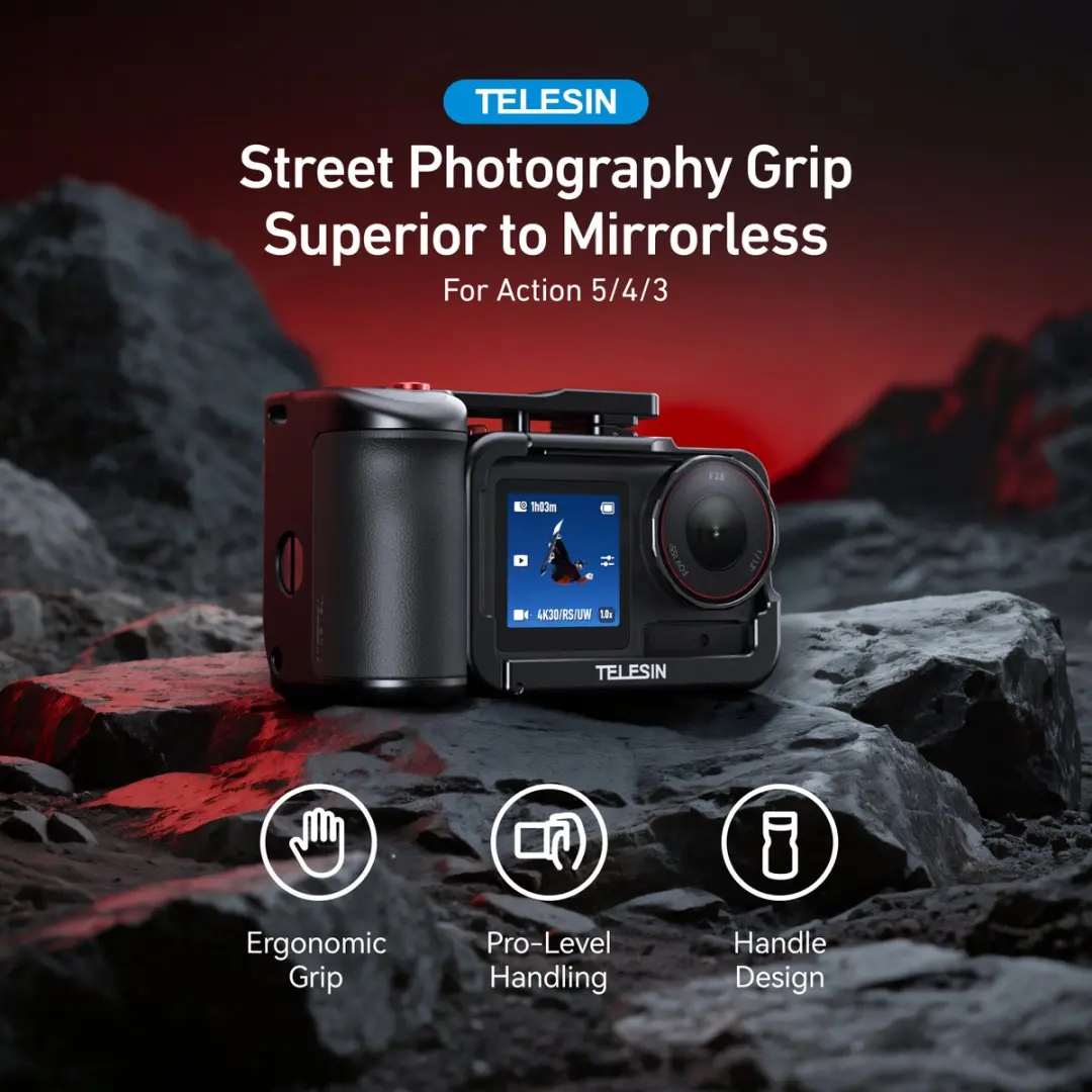 Telesin Street Photography Grip DJI Osmo Action 3/4/5 - S6-FMS-22-TDJ - Zwart - afbeelding 4 van 6