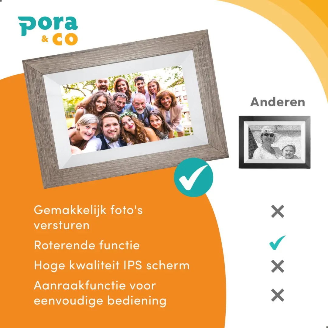 Pora&Co Digitale Fotolijst 233633671 - 8 inch HD IPS Touchscreen - Wit/Bruin
