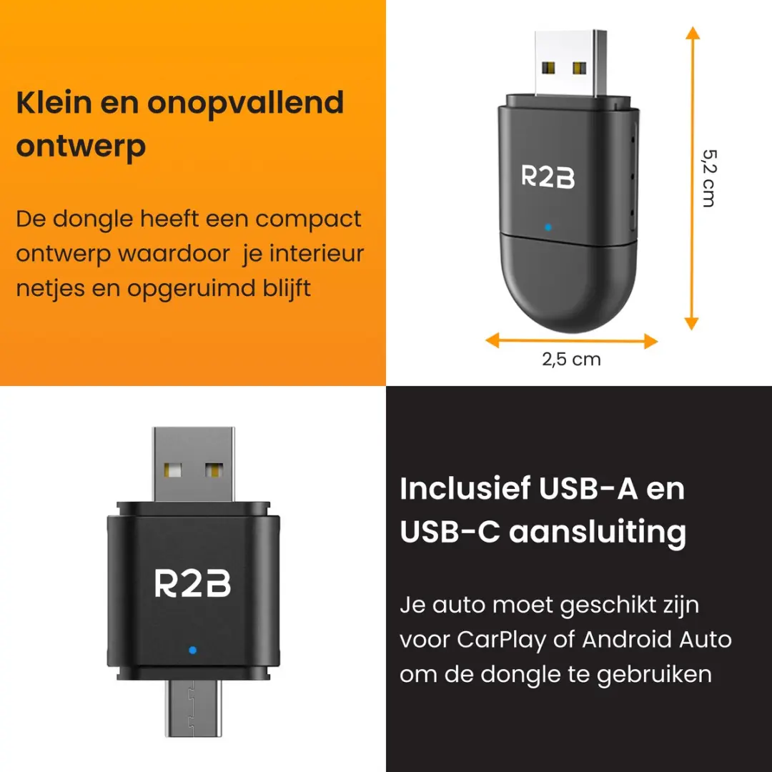 R2B Carplay Dongle - Draadloze Adapter USB-A/USB-C