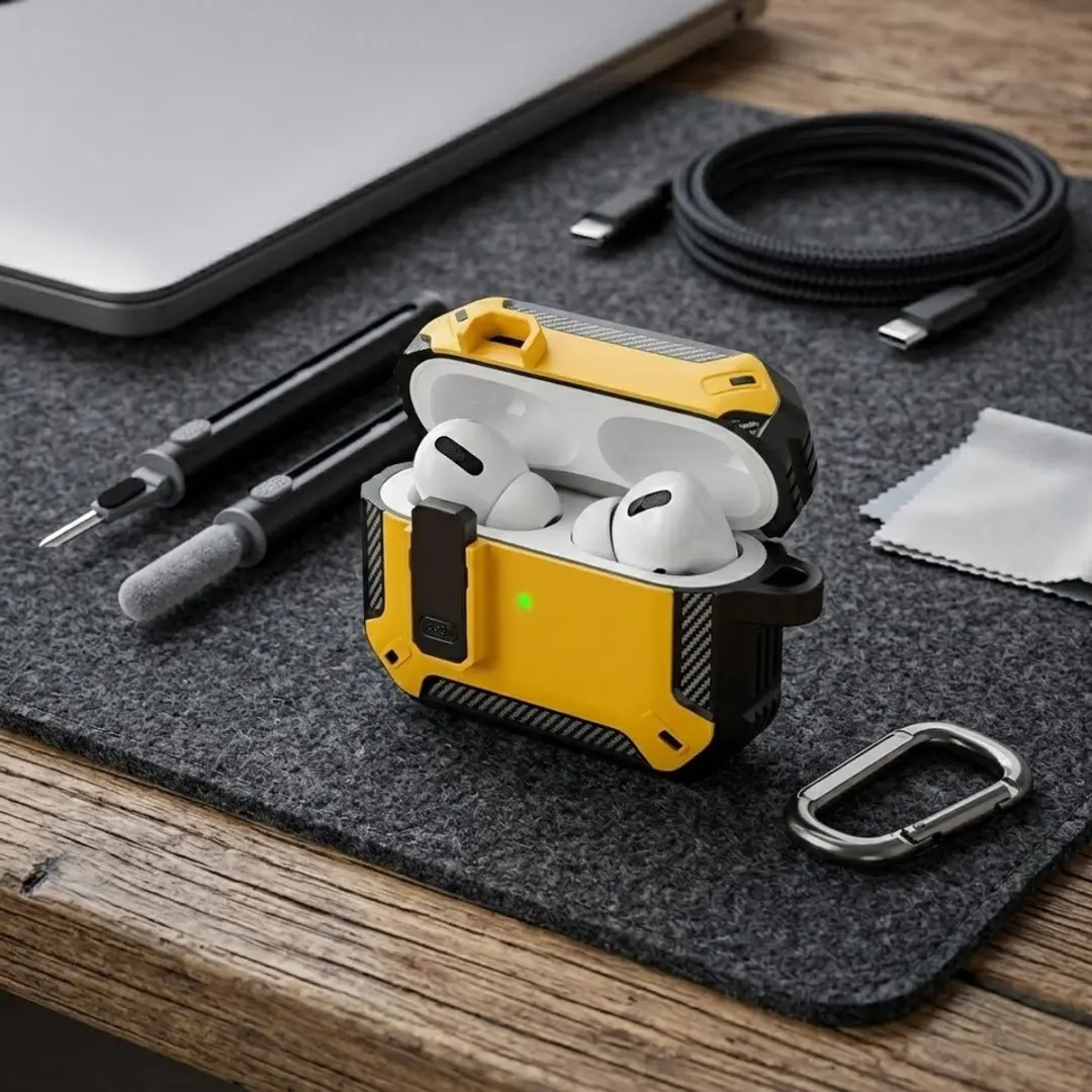 NUVEX Hoesje AirPods Pro 3 Geel - Carbon Look - met Schoonmaakset & Karabijnhaak