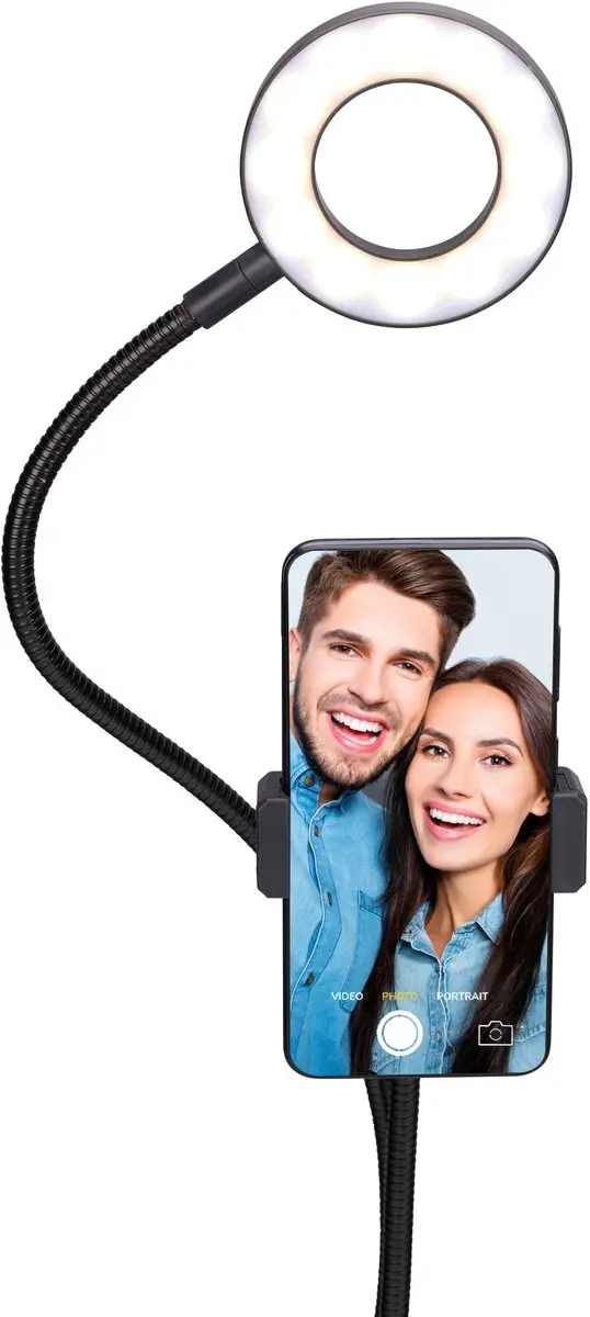 Grundig Ringlamp Ø9cm met Telefoonhouder - 24 LED - USB - Zwart
