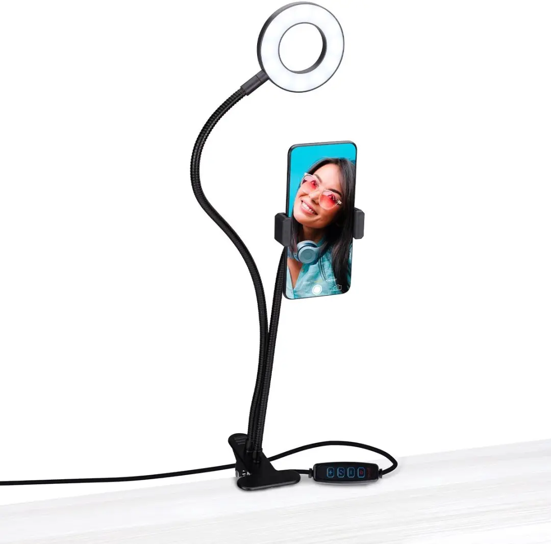Grundig Ringlamp Ø9cm met Telefoonhouder - 24 LED - USB - Zwart