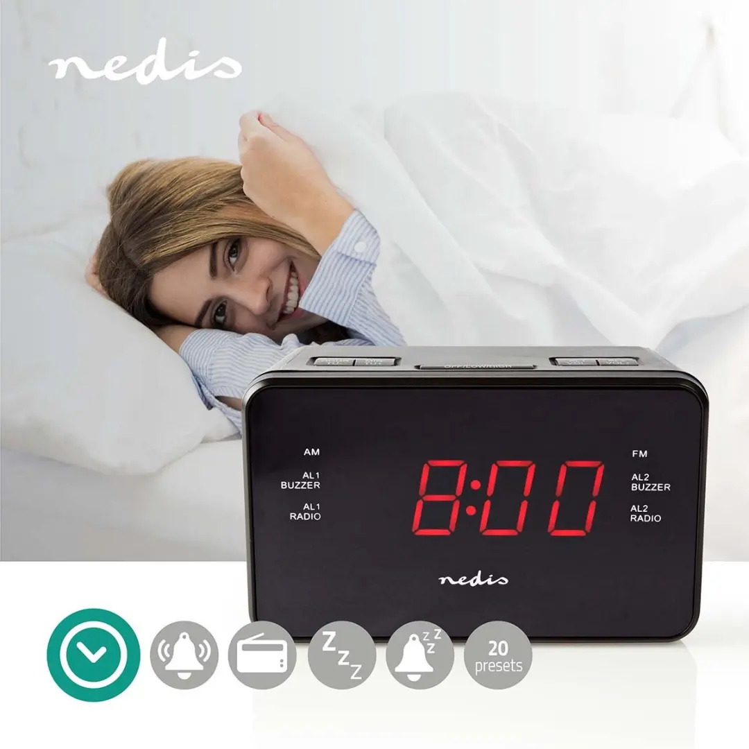 Nedis CLAR002BK Wekkerradio - LED Tijdprojectie - AM/FM - Zwart