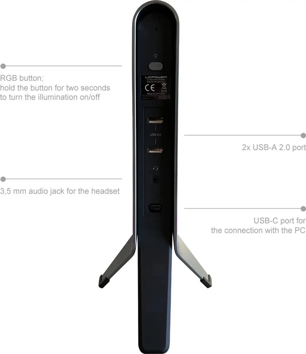 LC Power Headsethouder USB-C RGB - Zwart