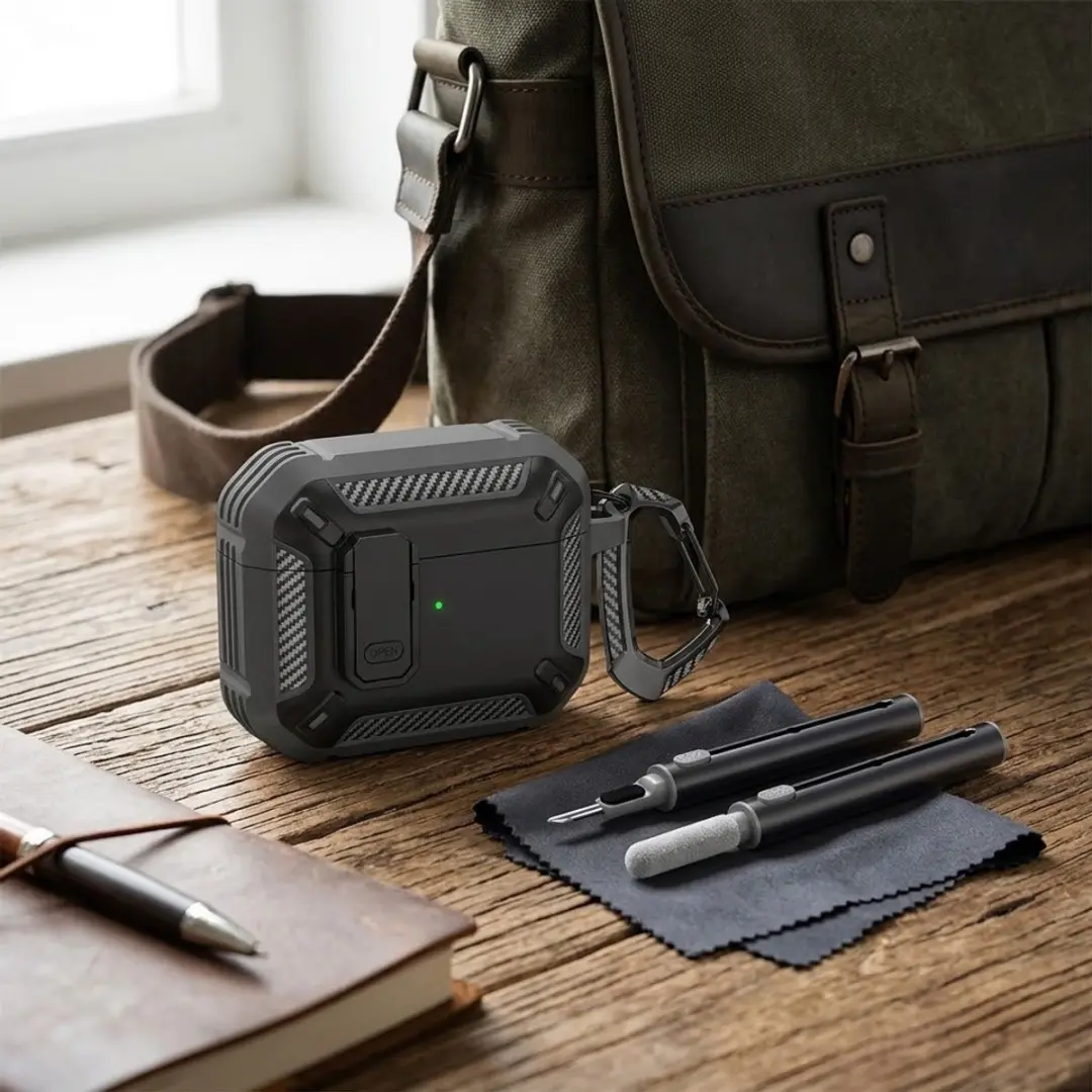 NUVEX AirPods Pro 2 Hoesje Grijs - Carbon Look - Met Karabijnhaak & Schoonmaakset