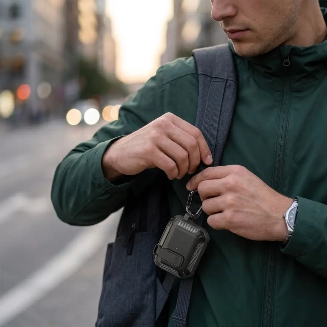 NUVEX AirPods Pro 2 Hoesje Grijs - Carbon Look - Met Karabijnhaak & Schoonmaakset