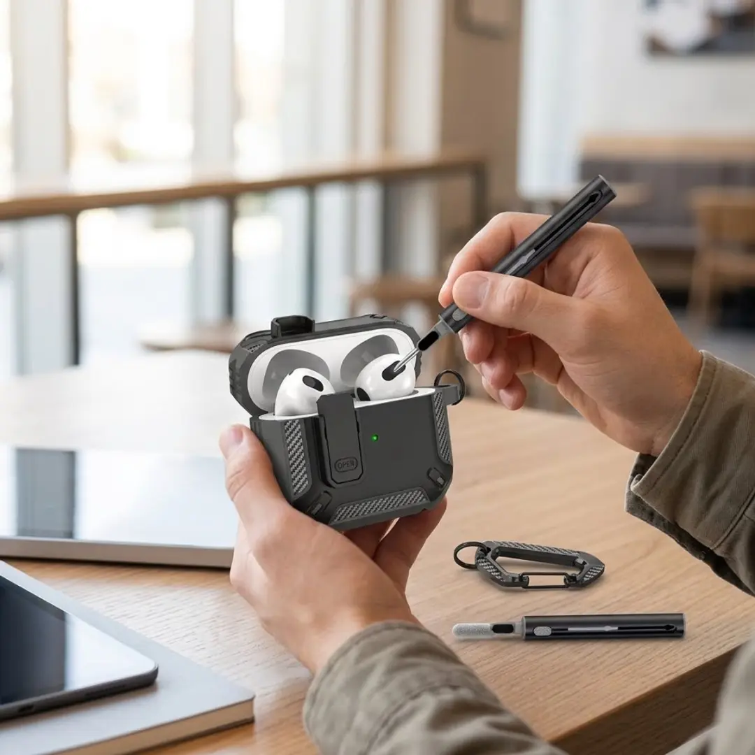 NUVEX AirPods Pro 2 Hoesje Grijs - Carbon Look - Met Karabijnhaak & Schoonmaakset