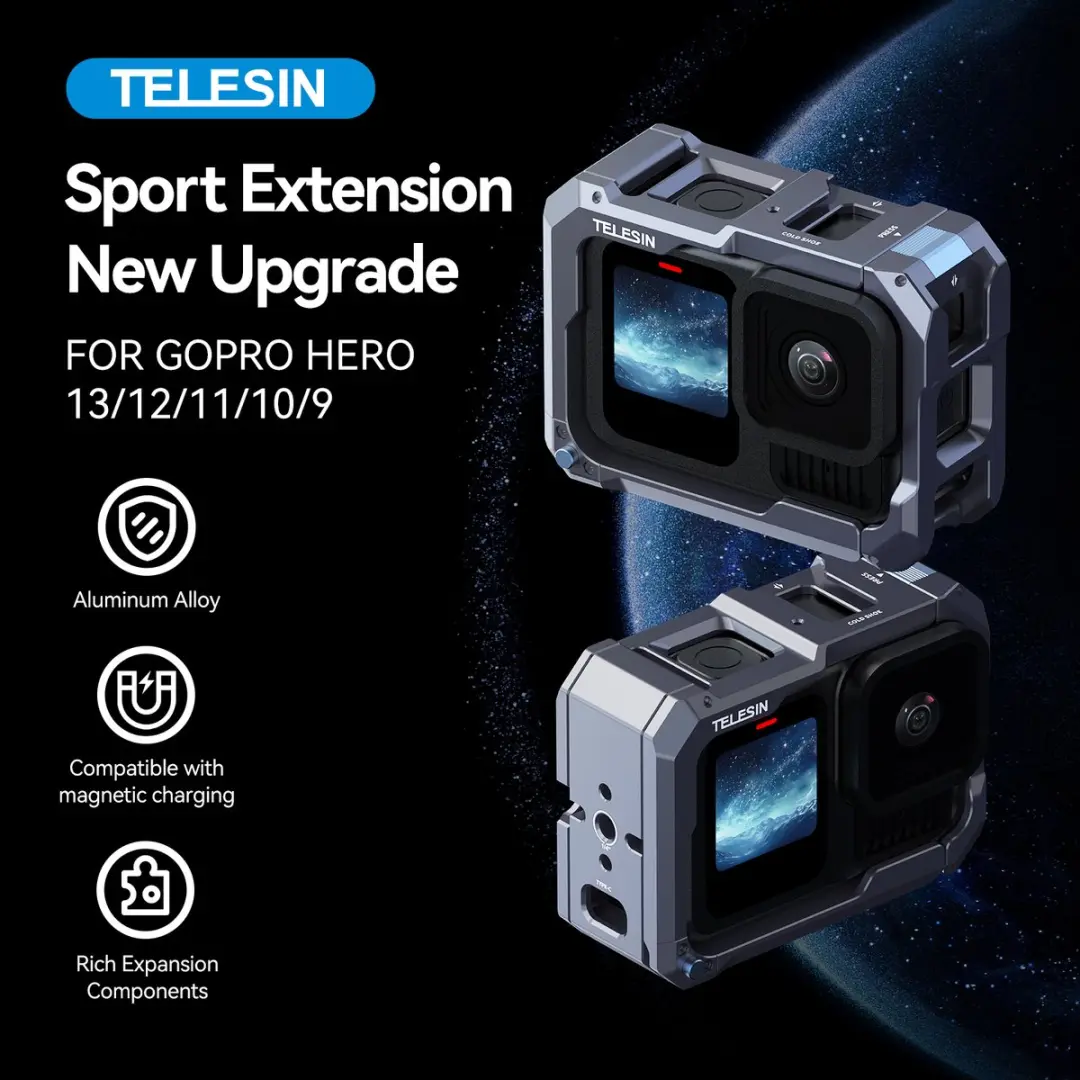 Telesin Metalen Behuizing GoPro Hero 13/12/11/10/9 Black - Aluminium - Magnetisch opladen - afbeelding 2 van 4