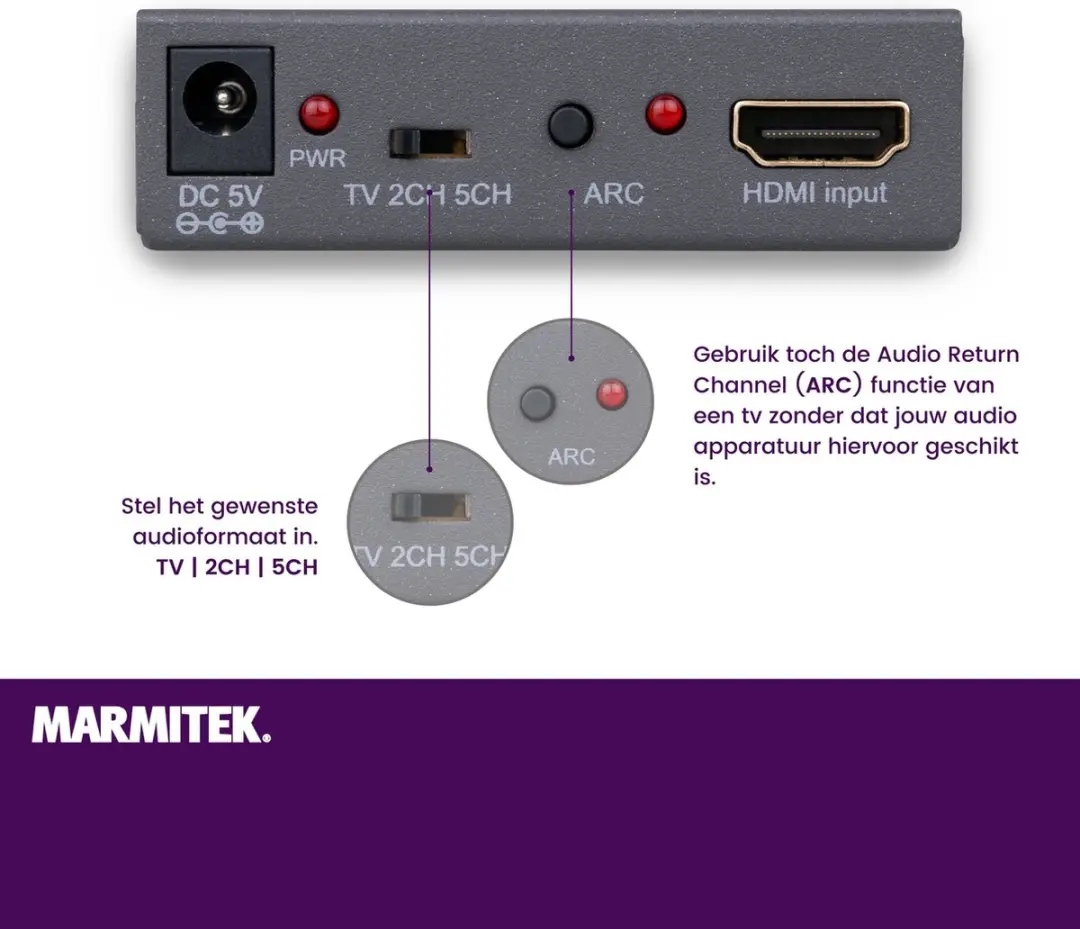 Marmitek Connect AE14 HDMI Audio Extractor - 4K 30Hz - ARC - Optisch/Analog