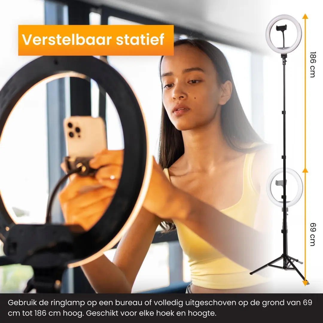 R2B Ringlamp 10 Inch 186cm Statief - 12W - Zwart