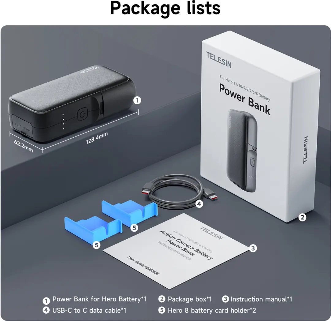 Telesin GoPro Powerbank 10000mAh - T-GP-PB-001 - Zwart - afbeelding 5 van 6