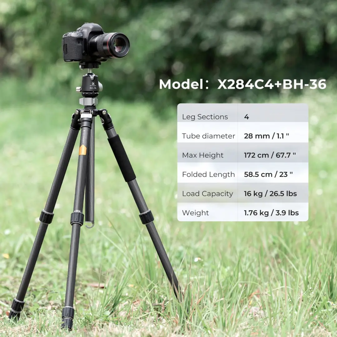 K&F Concept X284C4 Carbon Statief - 4 Secties - Zwart/Grijs