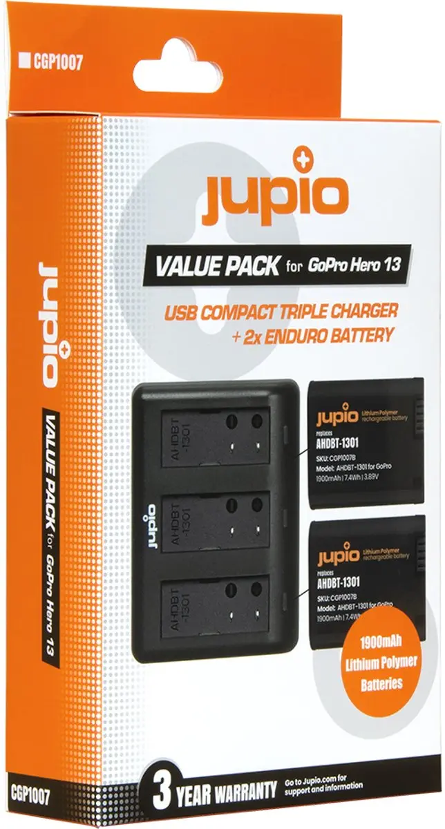 Jupio Enduro Accu GoPro HERO 13 AHDBT-1301/CPSS1B 1900mAh - 2 Stuks