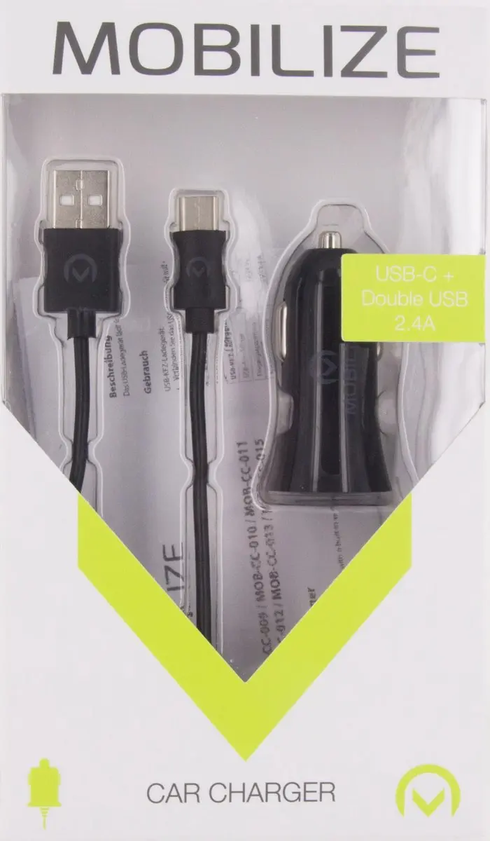 Mobilize Dual USB Autolader USB-C 12W - Zwart