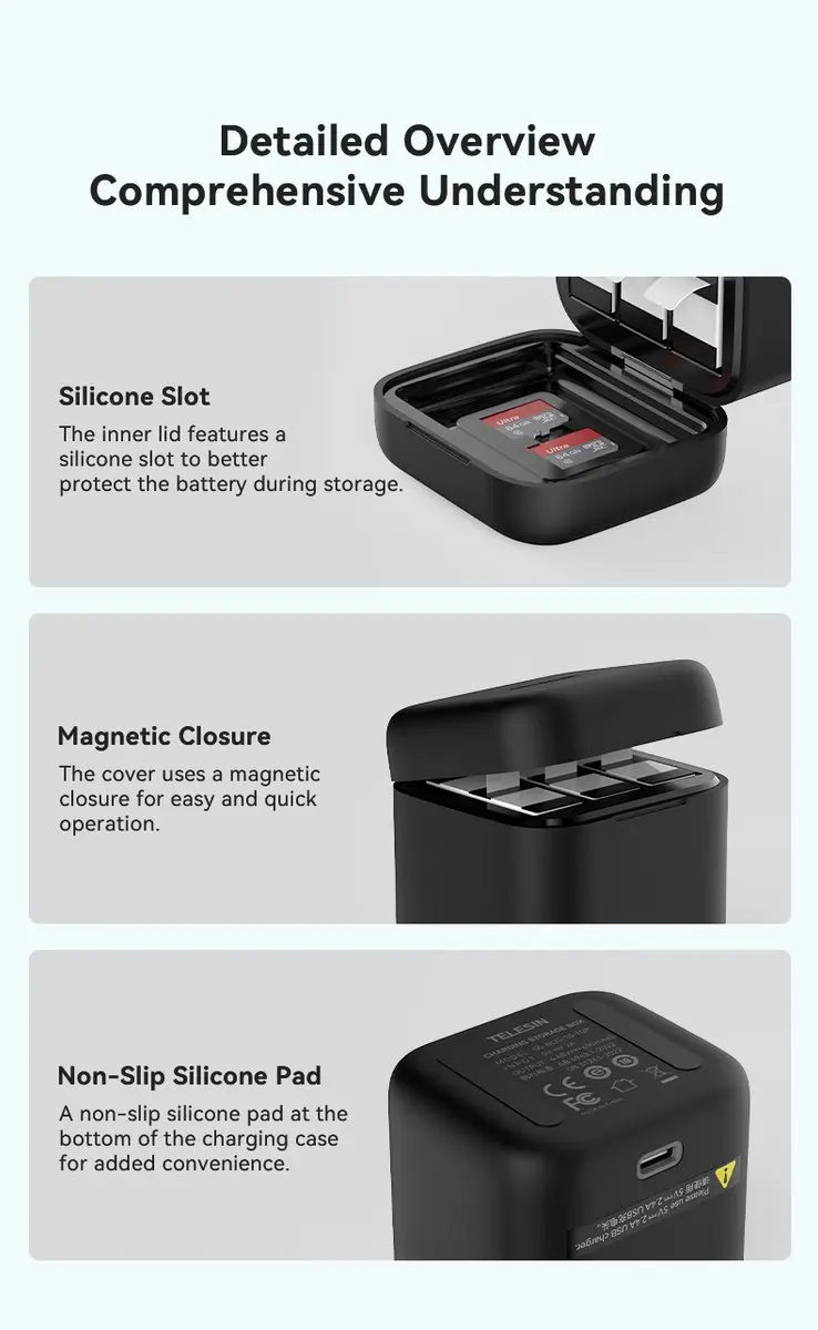 Telesin Oplaadbox GoPro Hero 13 - 3 Batterijen & 2 Micro-SD - Zwart - afbeelding 5 van 6
