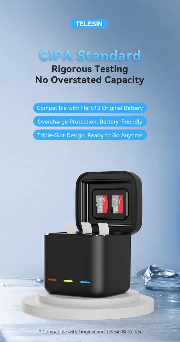Telesin Oplaadbox GoPro Hero 13 - 3 Batterijen & 2 Micro-SD - Zwart - afbeelding 4 van 6