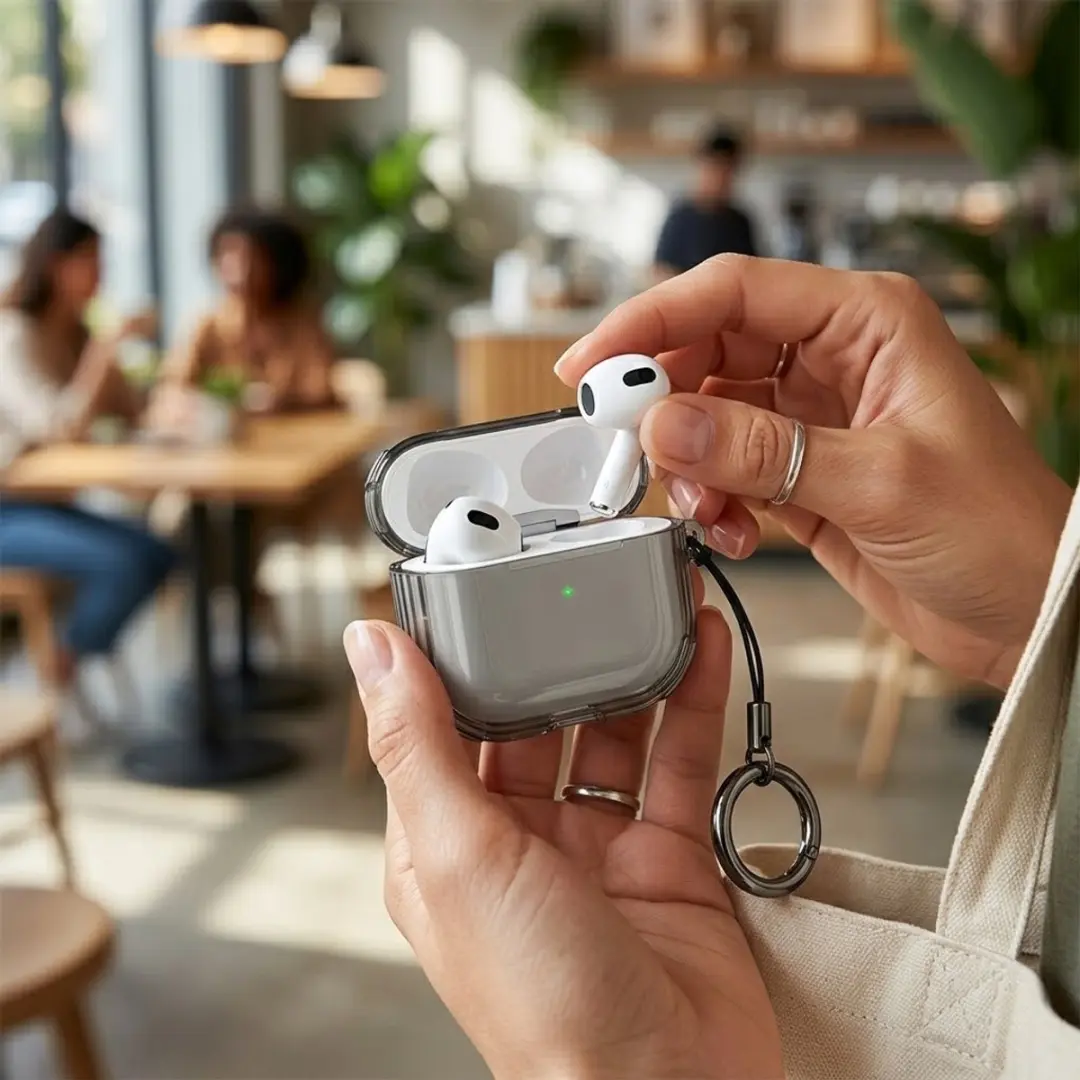 NuveX Hoesje AirPods 4 - Grijs Transparant met Sleutelring
