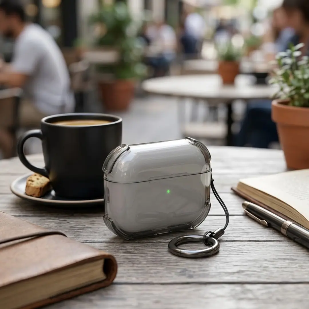 NuveX Hoesje AirPods 4 - Grijs Transparant met Sleutelring