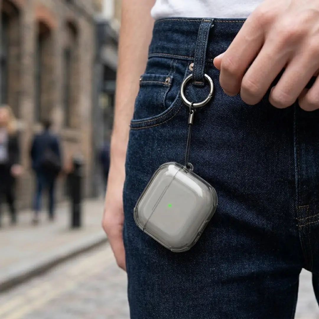 NuveX Hoesje AirPods 4 - Grijs Transparant met Sleutelring