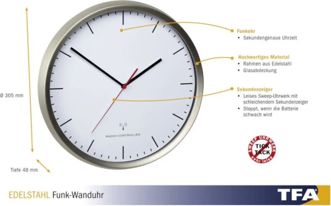 TFA Dostmann Wandklok 60.3521.02 - RVS Zilver/Wit - afbeelding 6 van 6