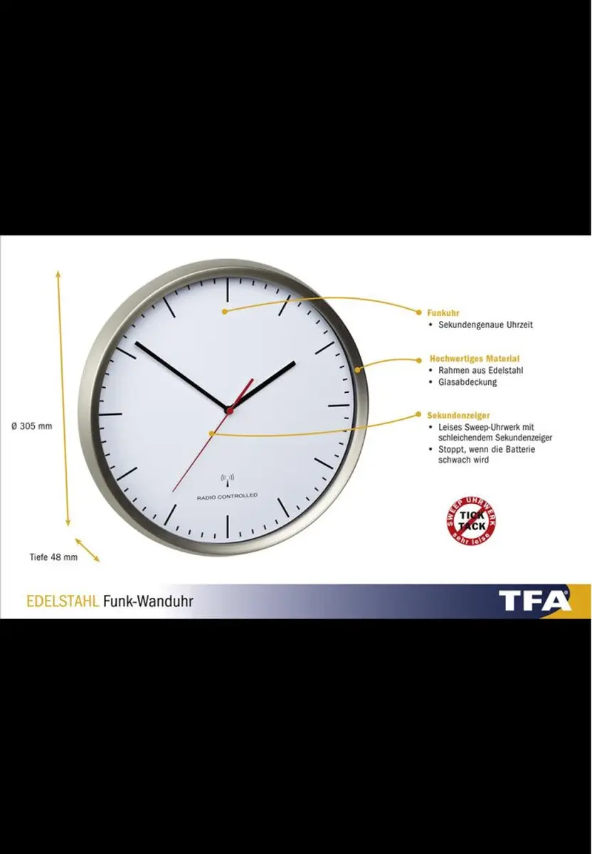 TFA Dostmann Wandklok 60.3521.02 - RVS Zilver/Wit