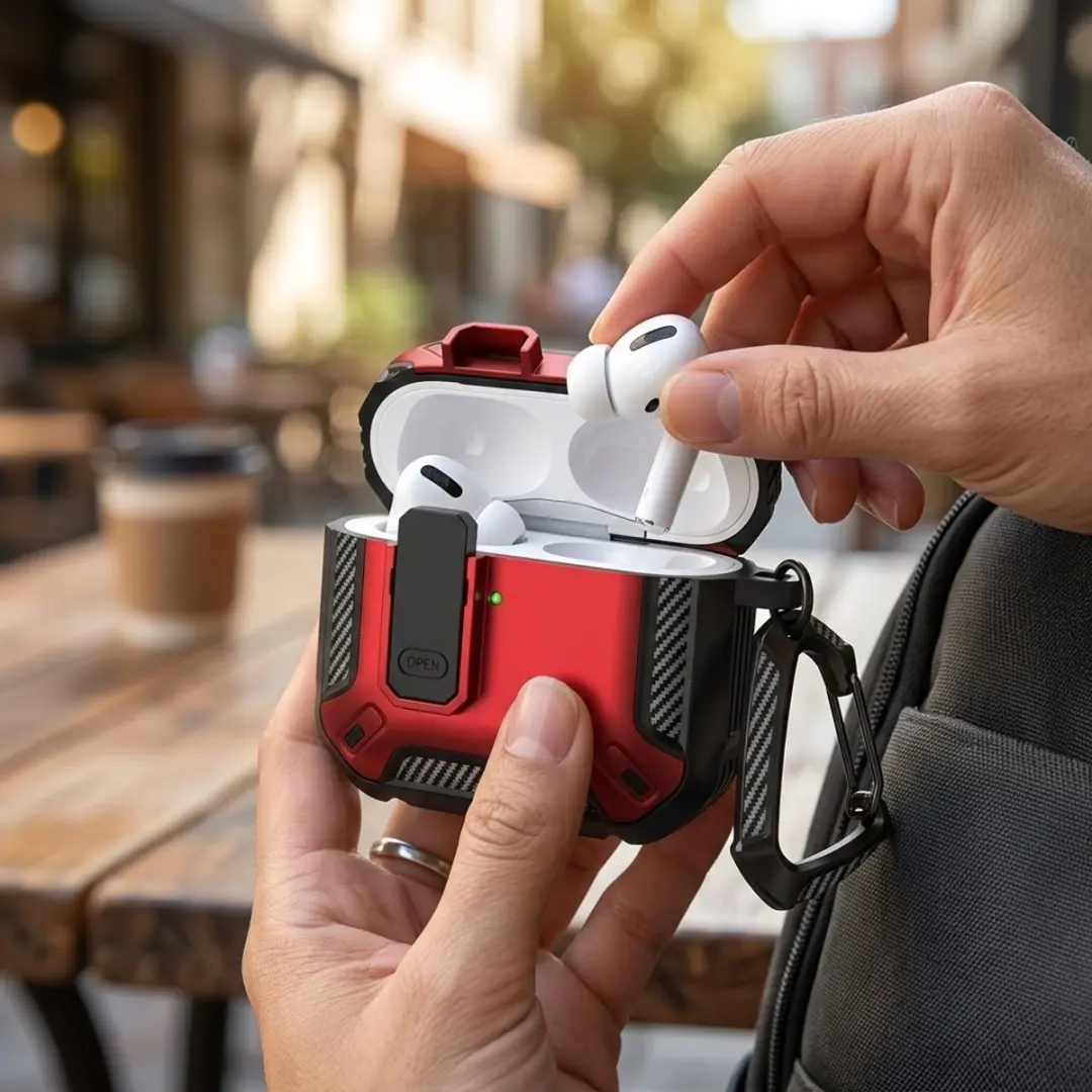 NUVEX Hoesje AirPods 4 Rood - Carbon Look - met Schoonmaakset & Karabijnhaak