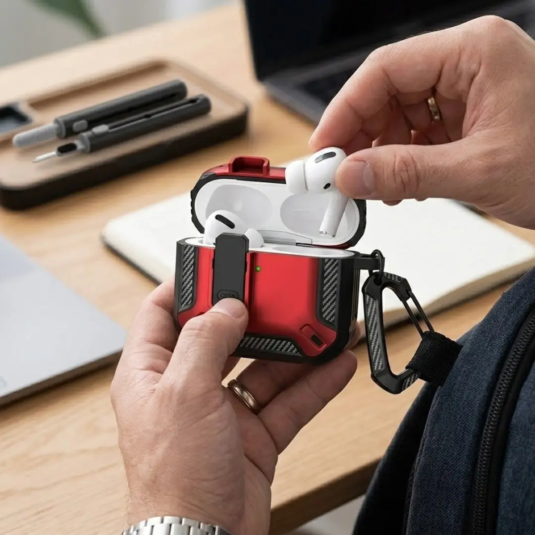 NUVEX Hoesje AirPods 4 Rood - Carbon Look - met Schoonmaakset & Karabijnhaak