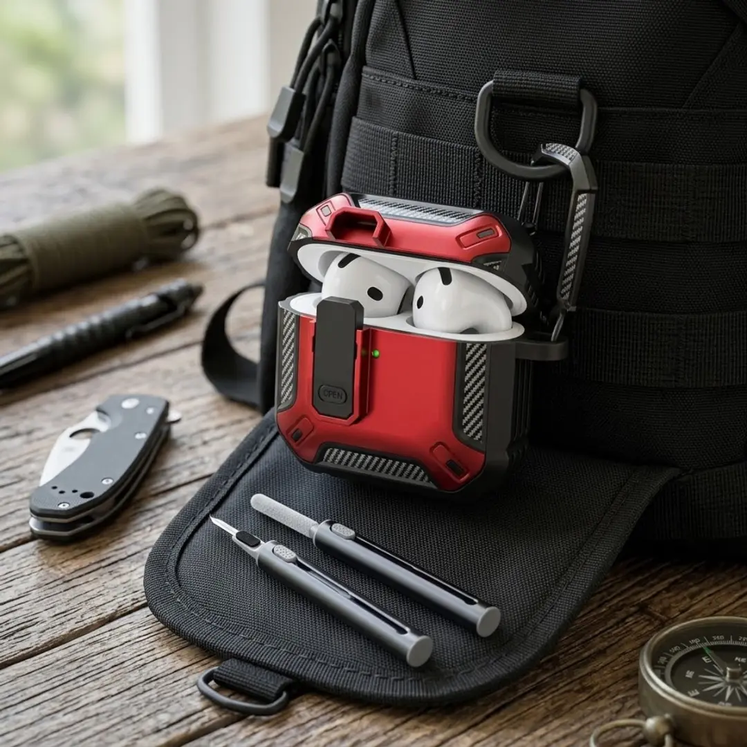 NUVEX Hoesje AirPods 4 Rood - Carbon Look - met Schoonmaakset & Karabijnhaak