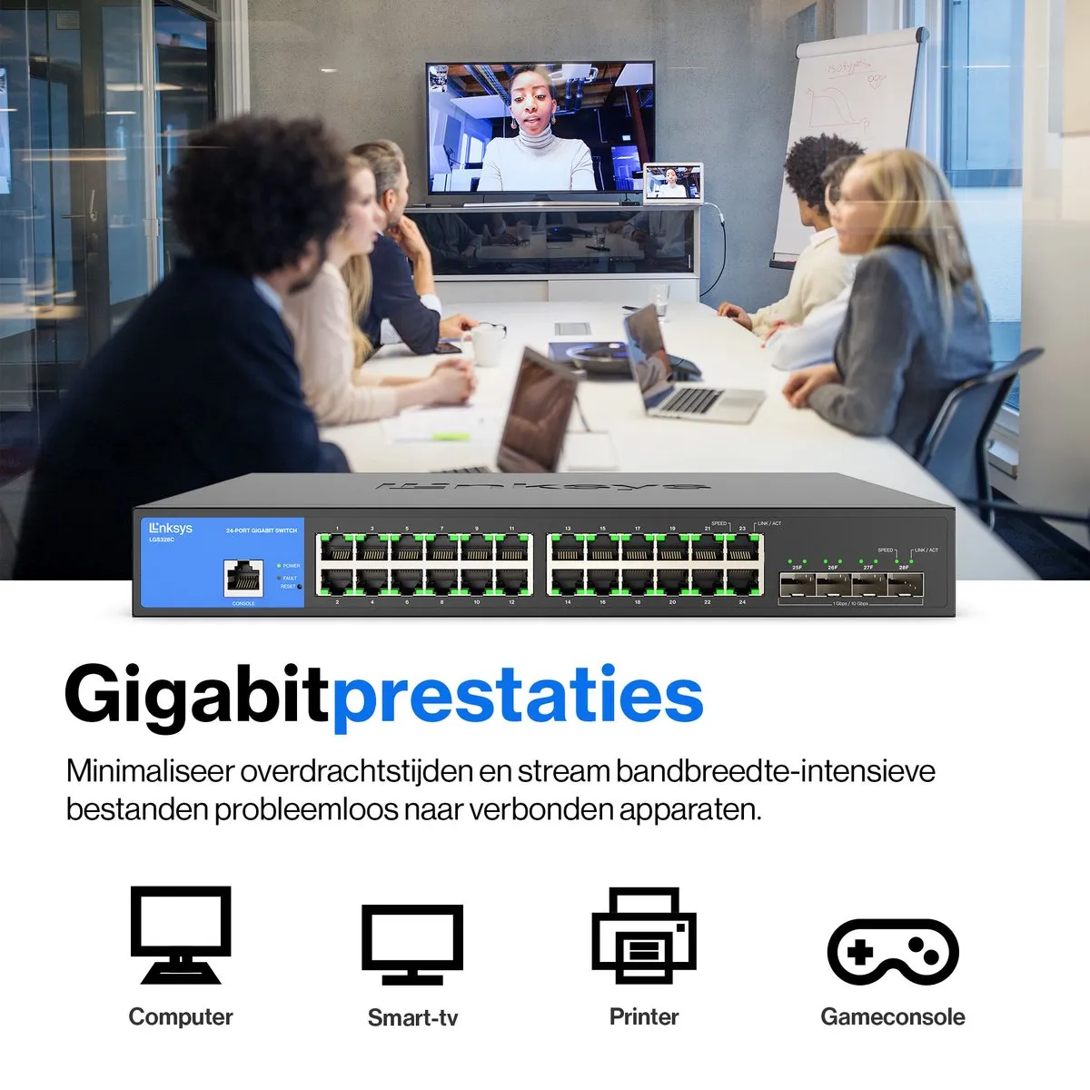 Linksys LGS328C - Network Switch - Gigabit - Managed - 24 Poorten - 4 SFP+ Poorten - Zwart