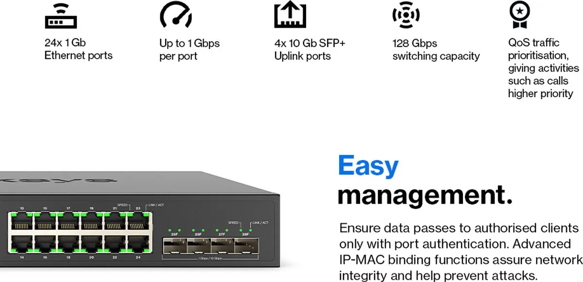 Linksys LGS328C - Network Switch - Gigabit - Managed - 24 Poorten - 4 SFP+ Poorten - Zwart