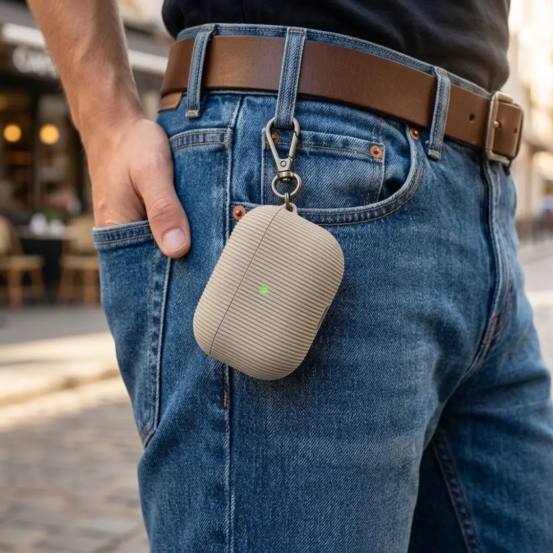 NUVEX Luxe Geribd Hoesje AirPods Pro 2 Grijs - Sleutelhaak