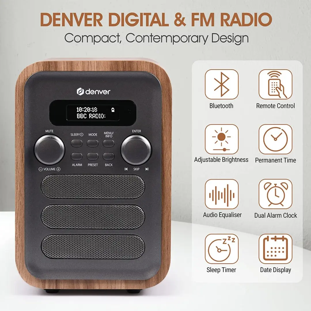 Denver DAB48 Retro Radio - DAB+/FM - Bluetooth - Hout/Grijs