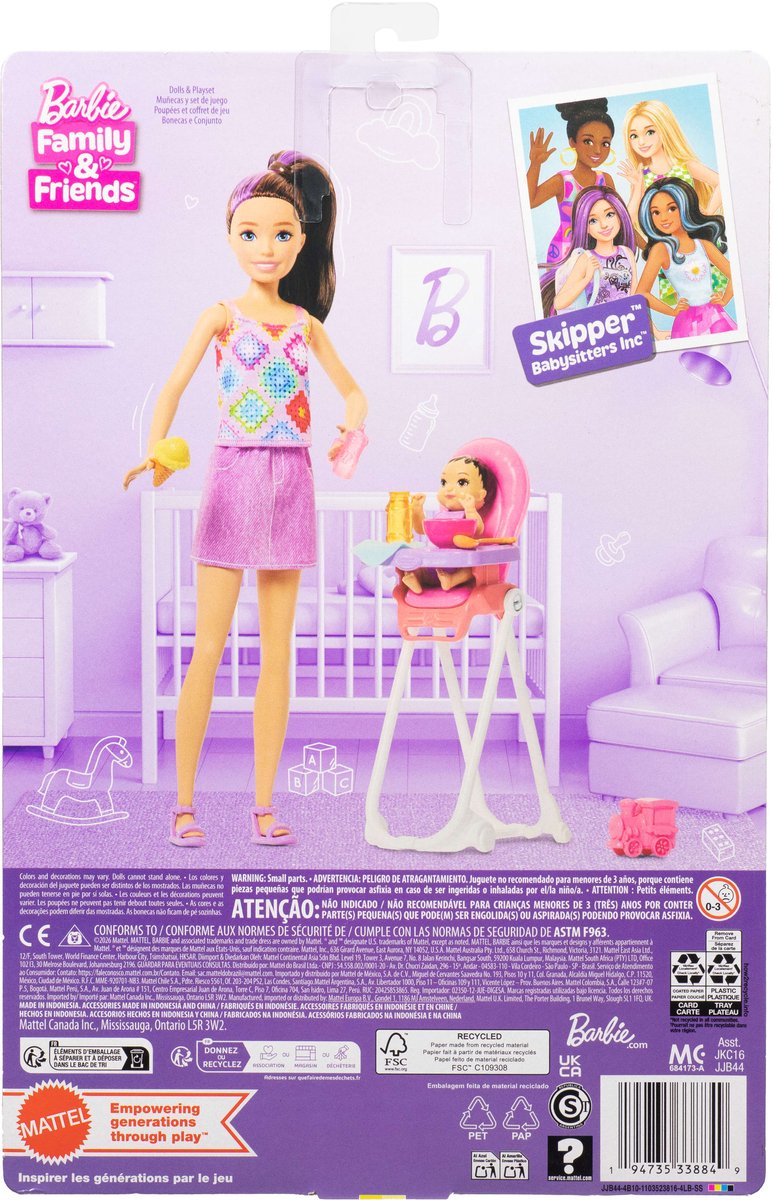 Mattel Barbie pop Skipper Babysitters Inc hoge kinderstoel speelgoed.