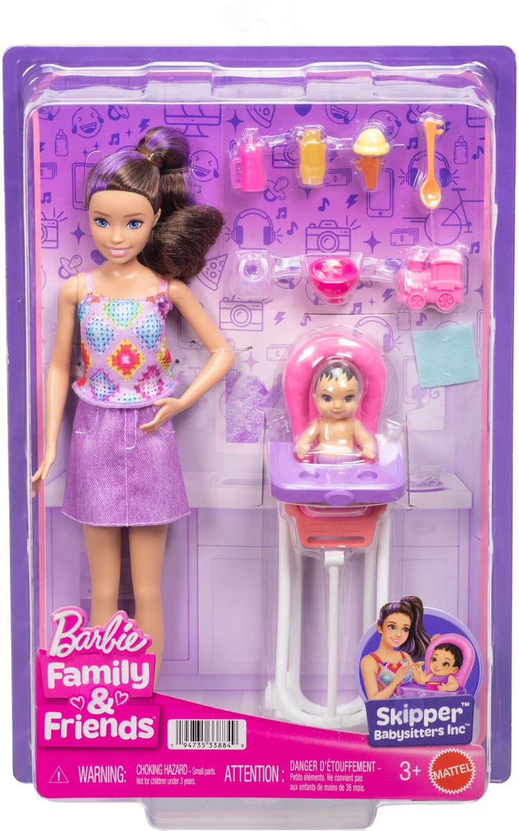 Mattel Barbie pop Skipper Babysitters Inc hoge kinderstoel speelgoed.