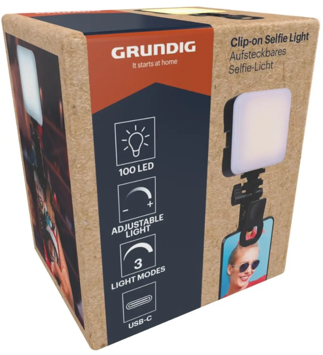 Grundig Clip-on Selfie Lamp MECAOU14880/004 - 100 LED - USB-C - Zwart