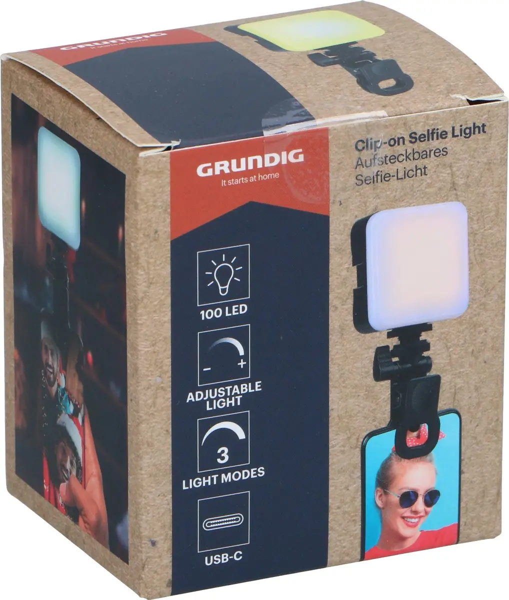 Grundig Clip-on Selfie Lamp MECAOU14880/004 - 100 LED - USB-C - Zwart