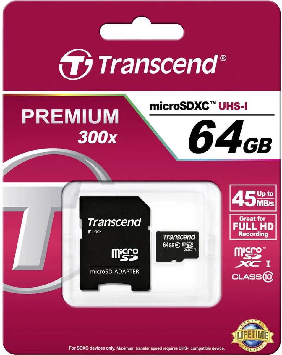 Transcend Micro SDXC 64GB Class 10 TS64GUSDXC10 - 300x
