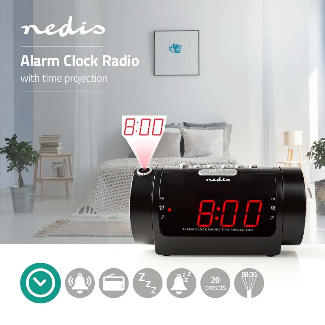 Nedis CLAR005BK Wekkerradio - LED Tijdprojectie - AM/FM - Zwart