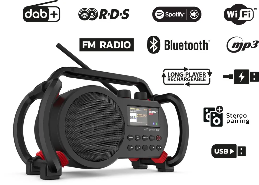 PerfectPro NBX2 Bouwplaatsradio - DAB+/FM/Bluetooth - 15W - Zwart