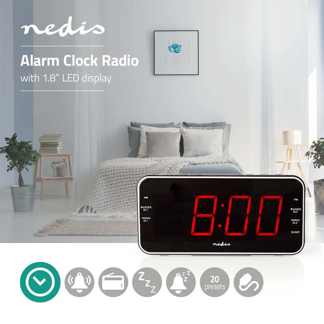Nedis CLAR004BK Wekkerradio - LED Tijdprojectie - AM/FM - Zwart