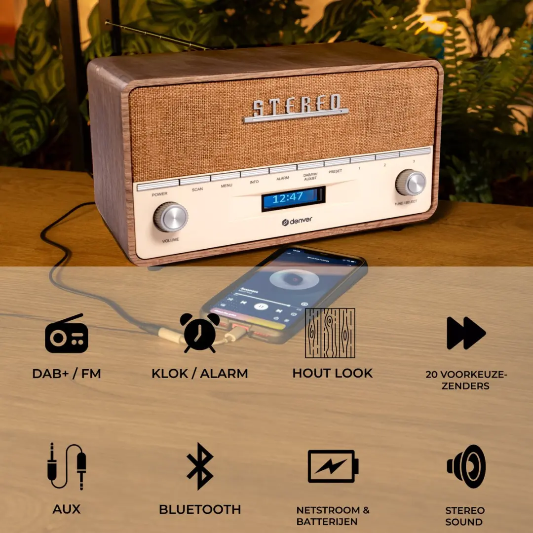 Denver DAB36XL Retro Radio - Lightwood - DAB+/FM/Bluetooth