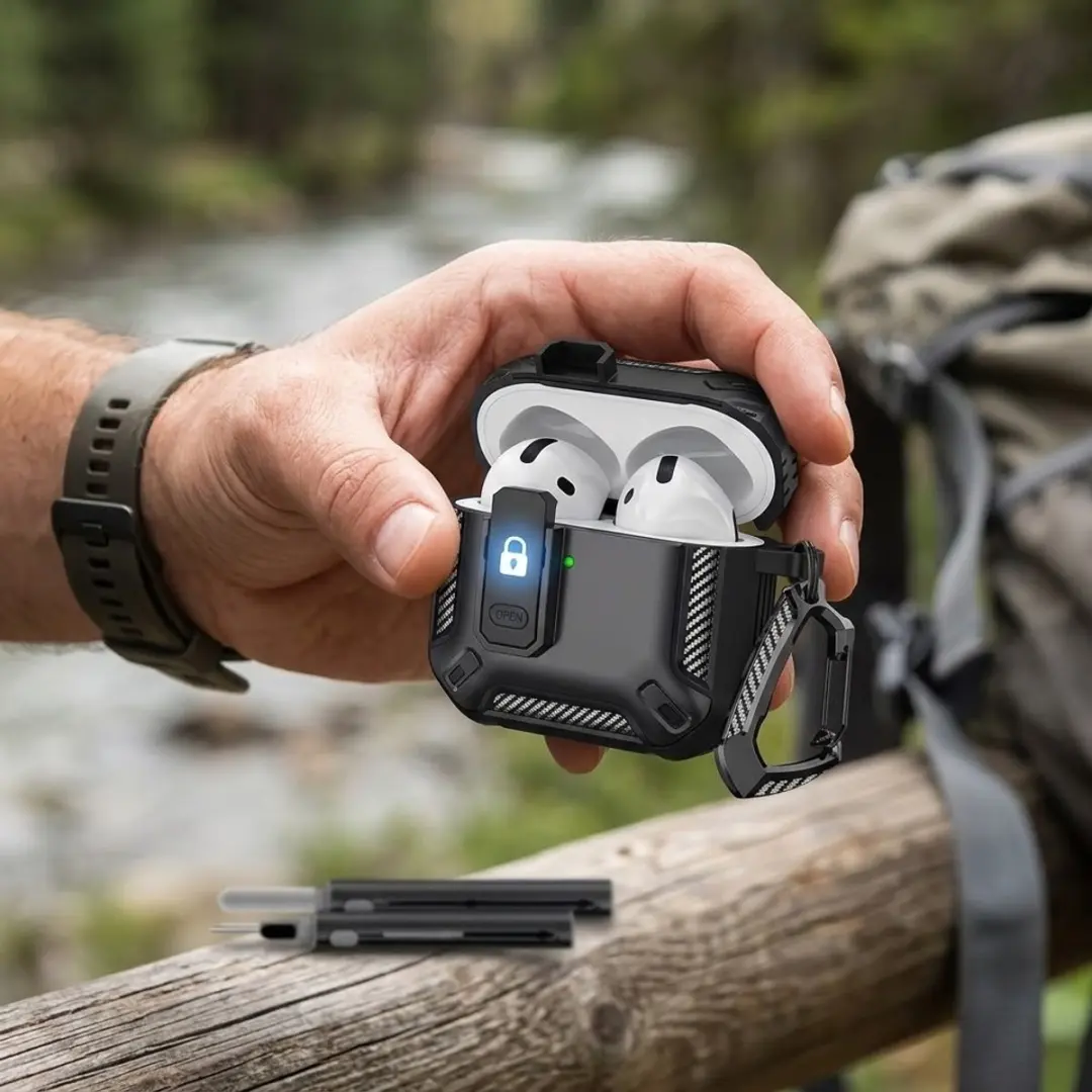 NUVEX Hoesje AirPods Pro 2 Carbon - Zwart - inclusief schoonmaakset & karabijnhaak