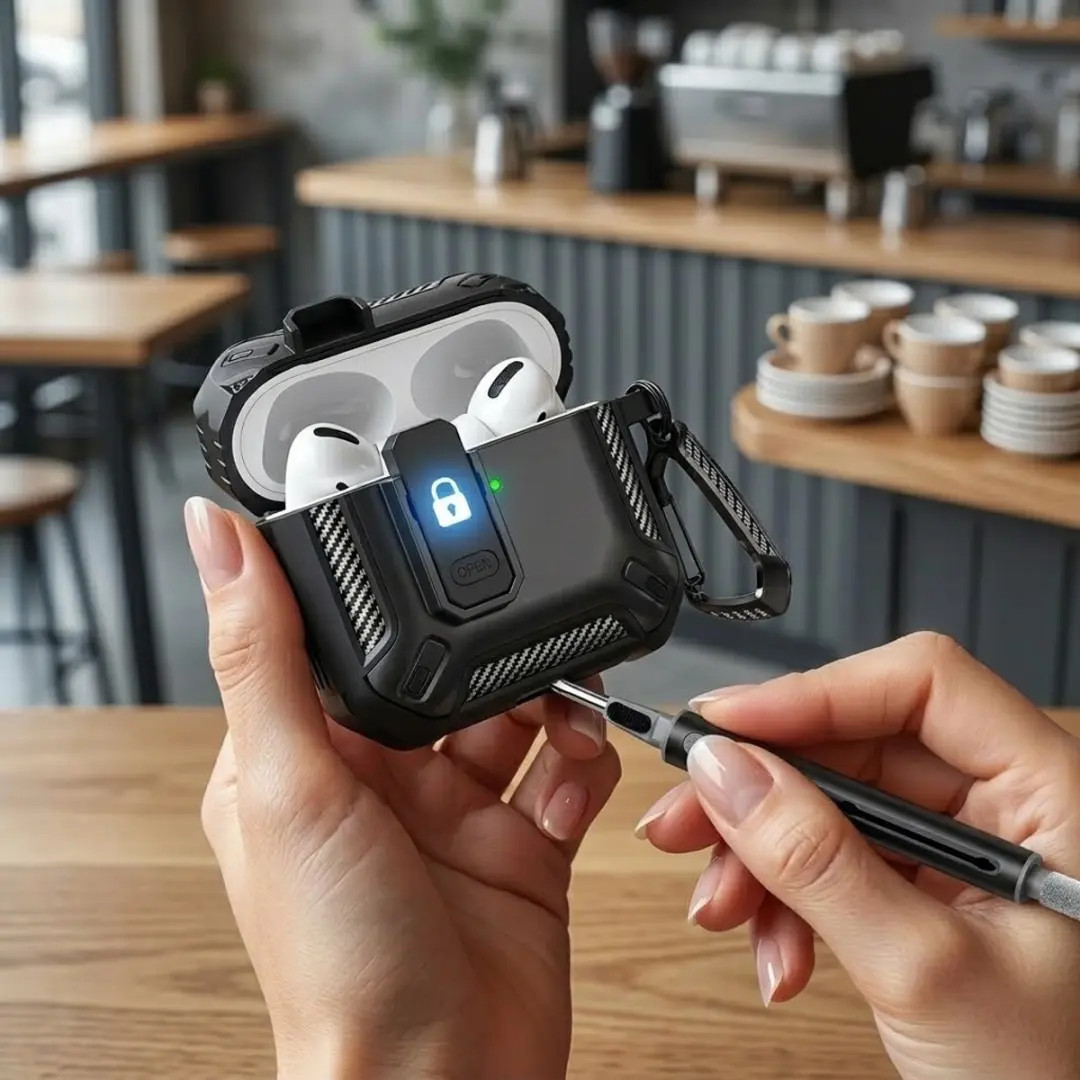 NUVEX Hoesje AirPods Pro 2 Carbon - Zwart - inclusief schoonmaakset & karabijnhaak