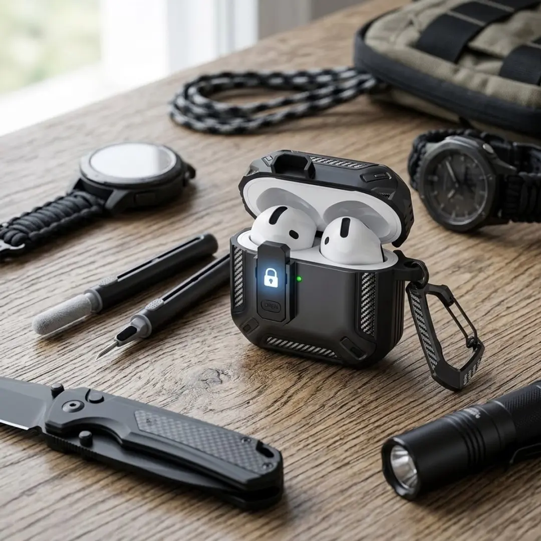 NUVEX Hoesje AirPods Pro 2 Carbon - Zwart - inclusief schoonmaakset & karabijnhaak